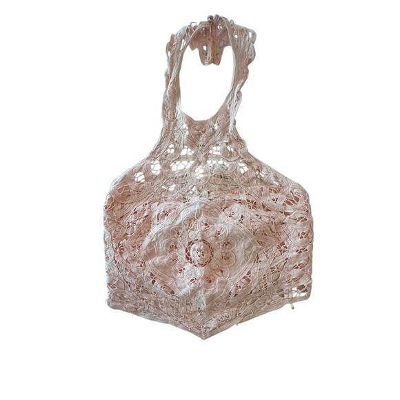 New Free People Batting My Eyes Crochet Lace Halter Crop Top XS Pink Boho - Picture 1 of 8